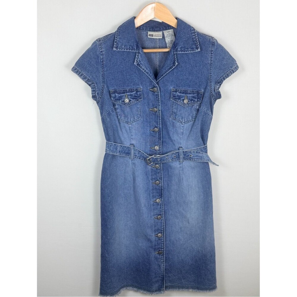 Denim Dress Belted Button Front Structured Medium Wash Fitted Western Y2K 7 8